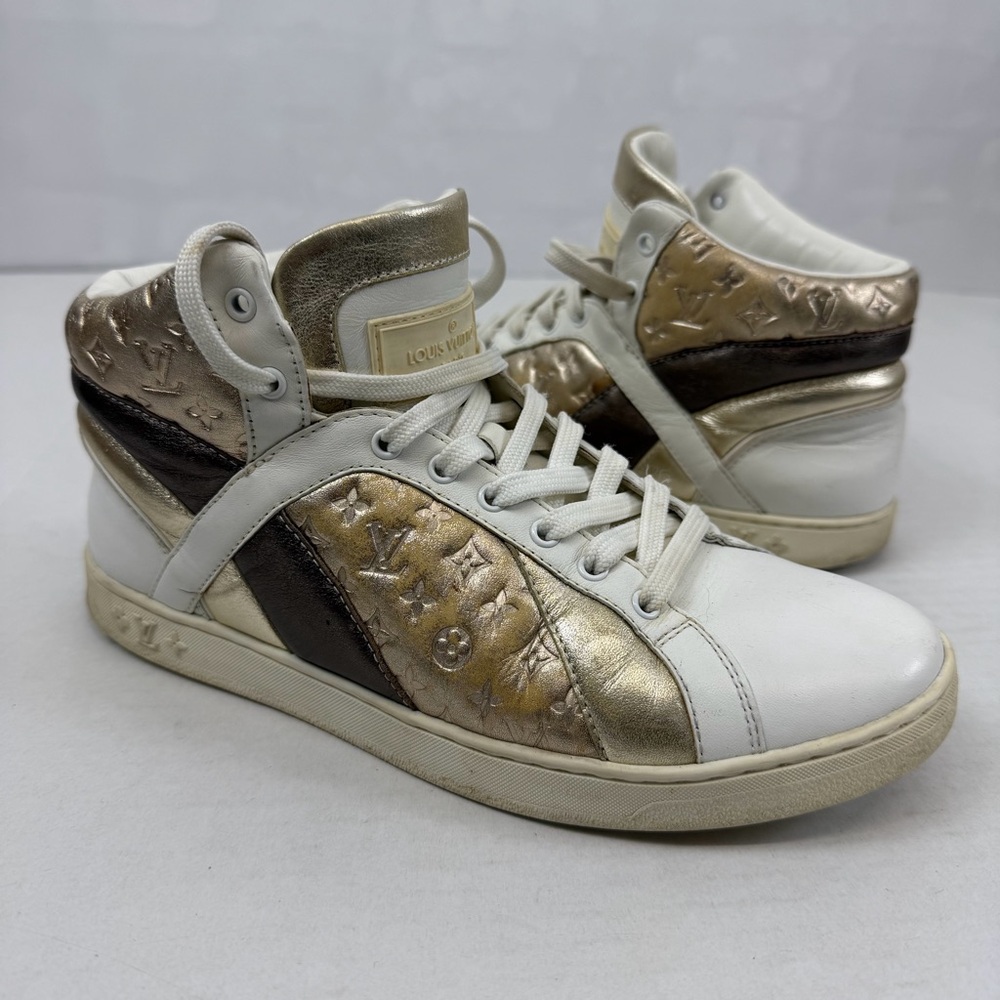 Louis Vuitton Monte Carlo Monogram Leather High‎ Top Sneakers Gold Bronze 35.5
